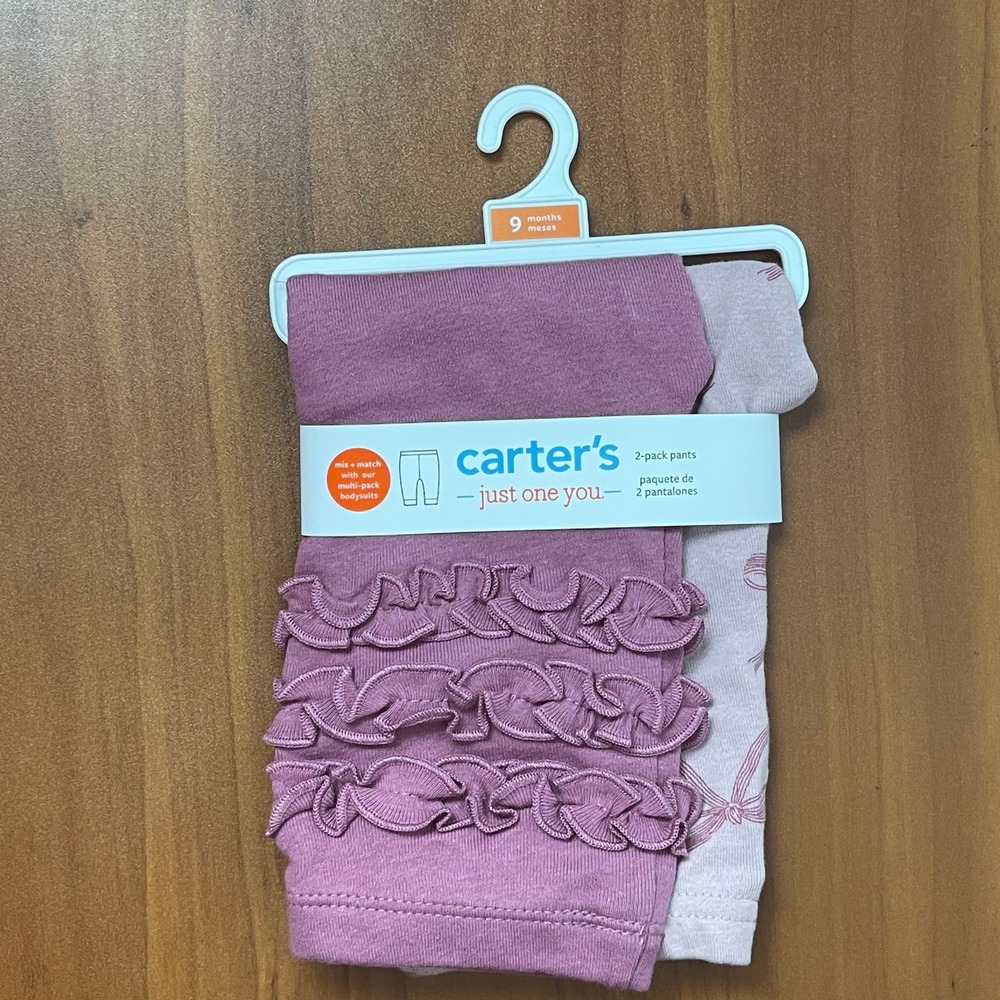 Carters Just One You 9M Baby Girls Pants Leggings 2-Pack Mauve Ruffle Pink Bow